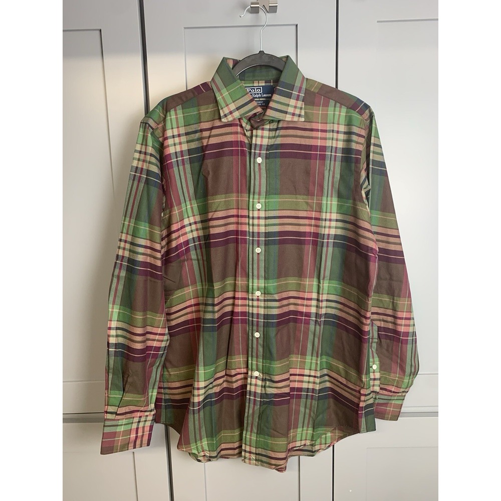 Polo Ralph Lauren Shirt Mens Medium Plaid Green Button Down Long Sleeve Casual